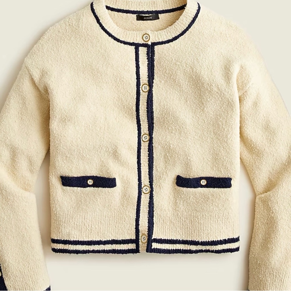 NWT J.Crew Cotton bouclé Cardigan Sweater Cream Cardigan with Navy Trim sz Small